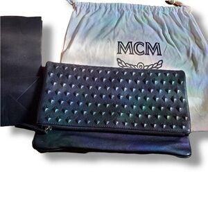 MCM Studded Leather Foldover Clutch Bag COA Dust Bag Cards Full Inclusion Black